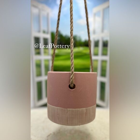 Blush Pink /Beige Ceramic Hanging Planter Pot with 21” Rope - Picture 9 of 9